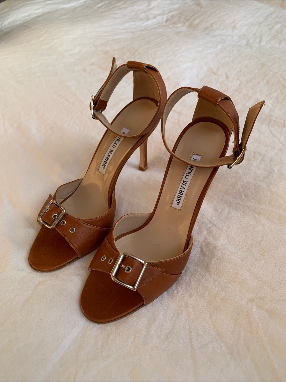 NWT Vintage Manolo Blahnik Leather Buckle Peep Toe Ankle Strap Heels Brown Tan - Picture 2 of 11
